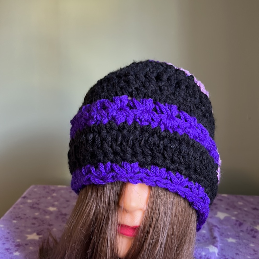 Crochet flower beanie double strings acrylic yarn medium new - Picture 3 of 6